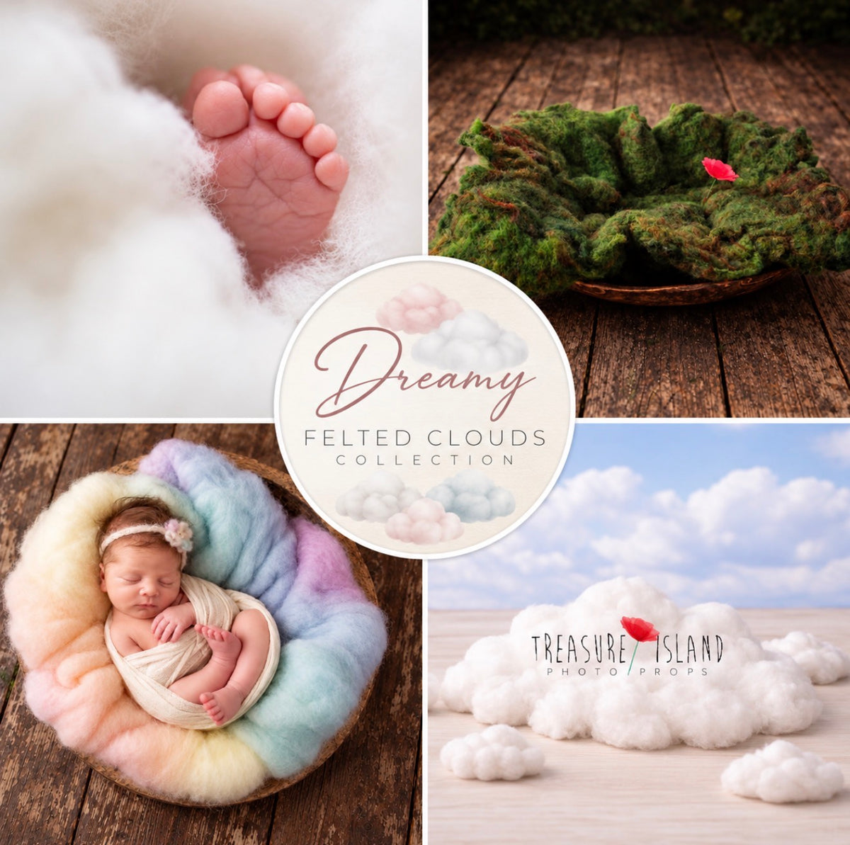 Collage of handmade felted wool photography clouds, including fluffy white and pastel rainbow clouds, a woodland-inspired design and a newborn portrait.