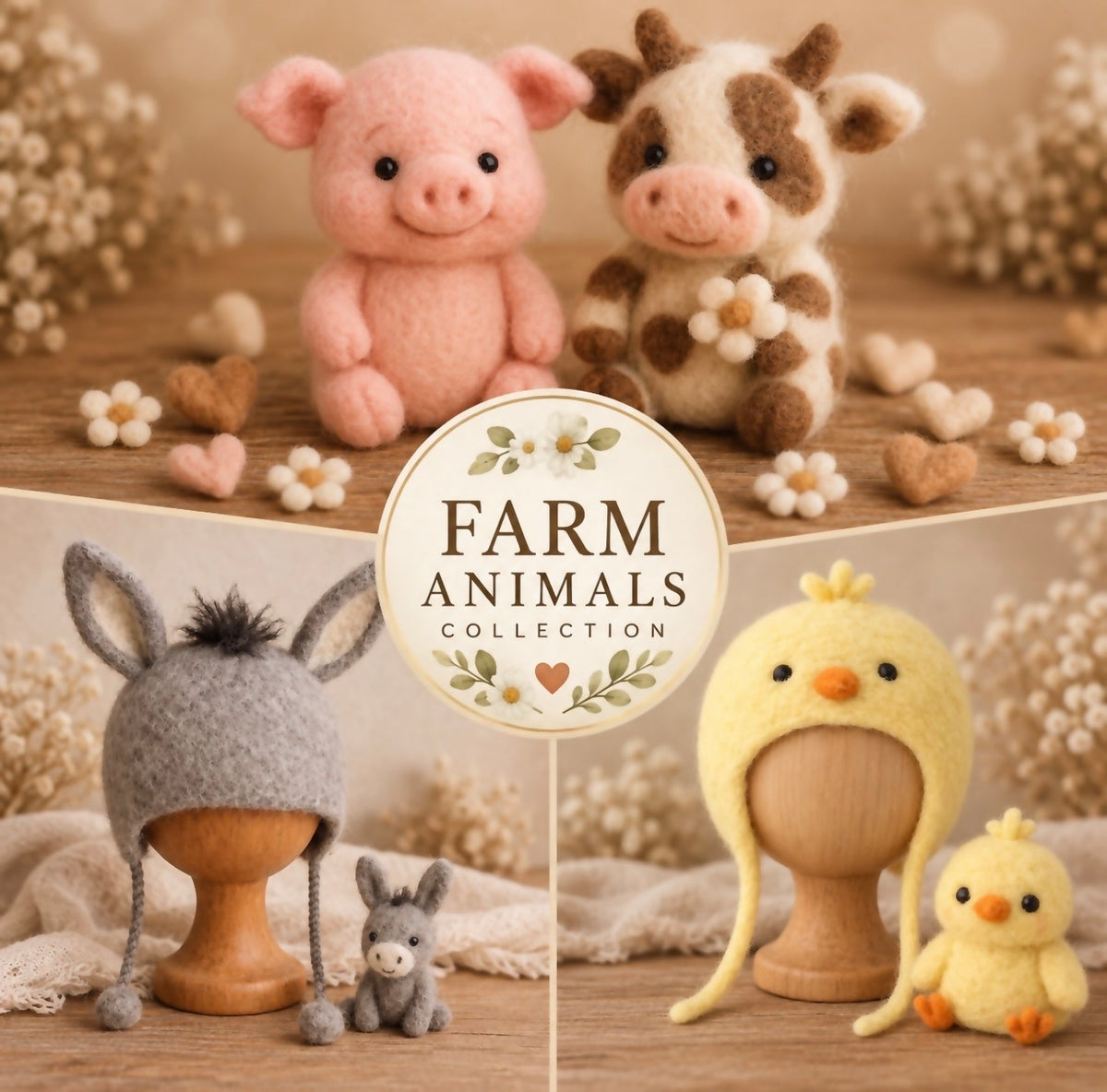 Handmade farm animal photography props with pig, cow, donkey and chick designs for newborn and sitter photography sessions