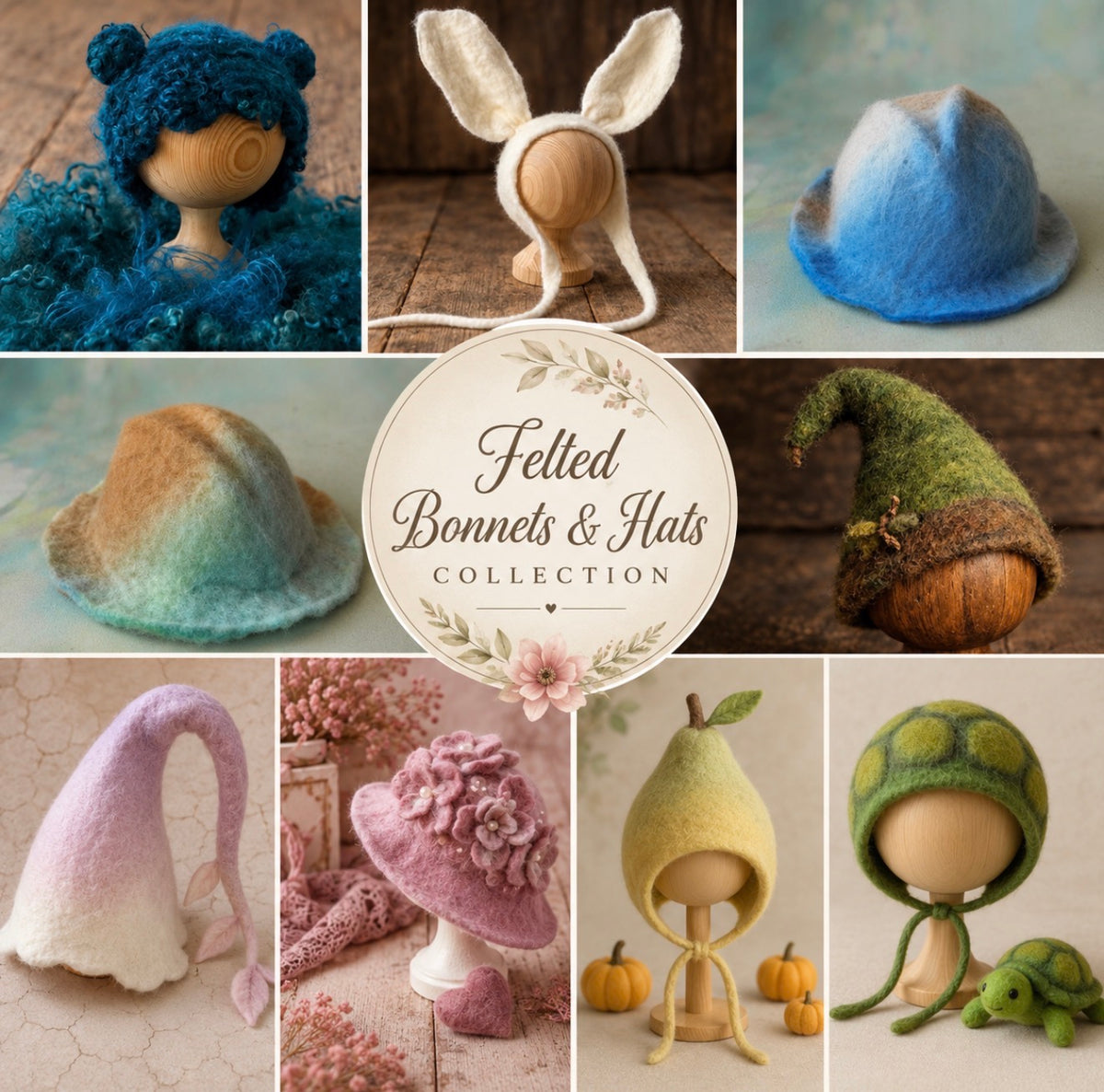 Collage of handmade felted bonnets and hats including animal, floral, woodland, fruit and whimsical designs for newborn and sitter photography