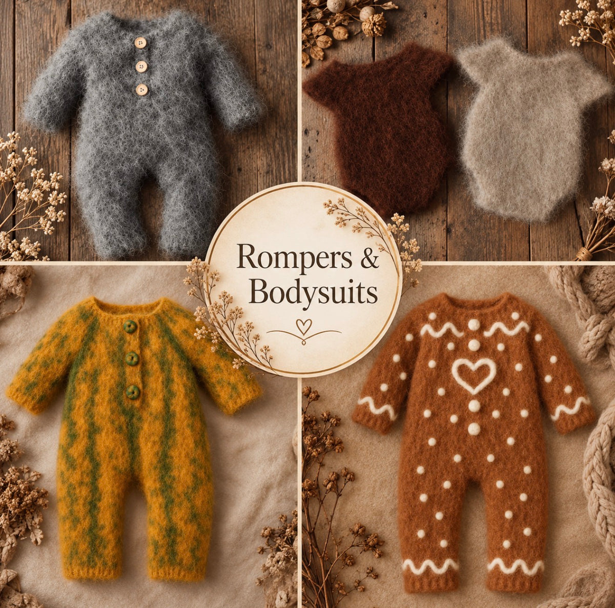 Handmade knitted rompers and bodysuits in neutral, autumn and seasonal designs for newborn and sitter photography