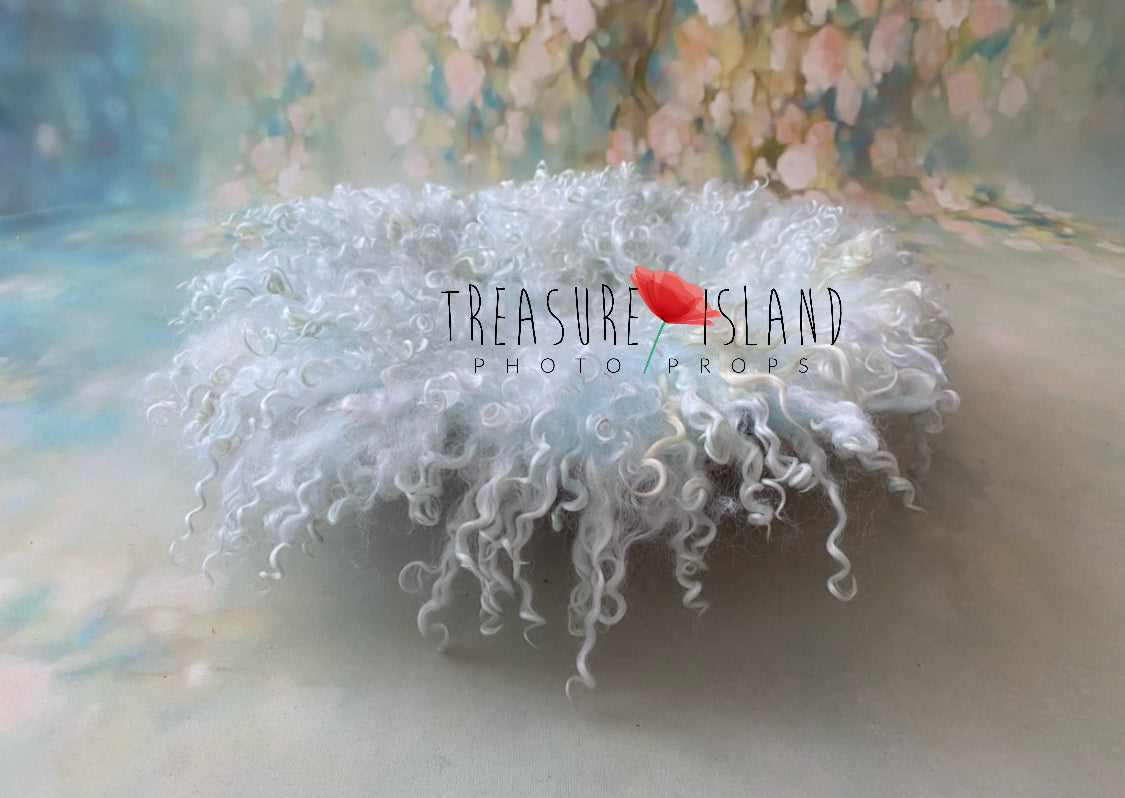 Aqua hand felted curly wool blanket with natural sheep curls. Soft blue handmade photography prop available in 6 sizes for newborn and sitter sessions.