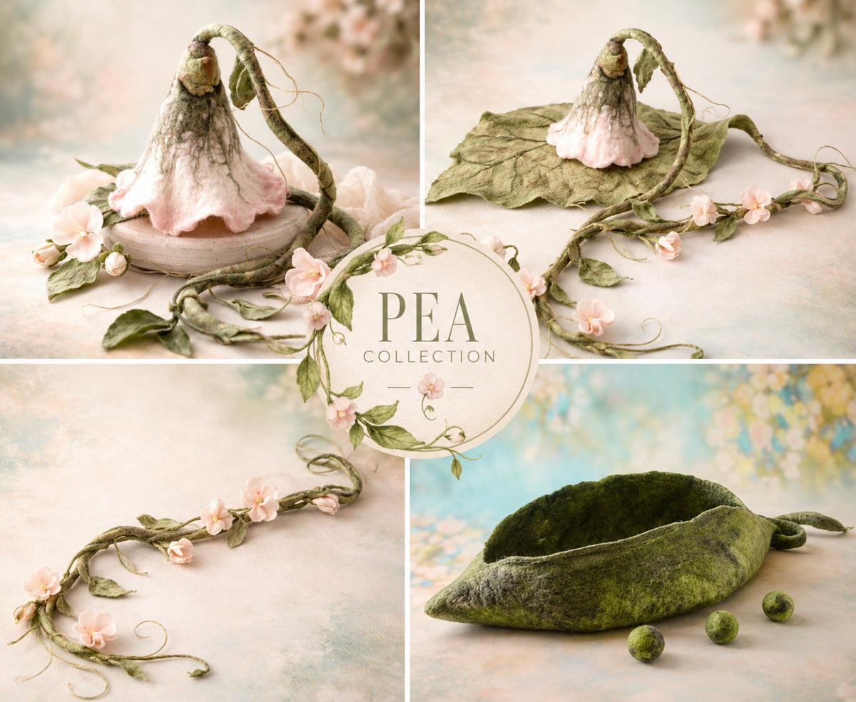 Handmade felted Pea botanical photography props with pea pod, floral bonnet, climbing vine and felted peas for newborn sessions
