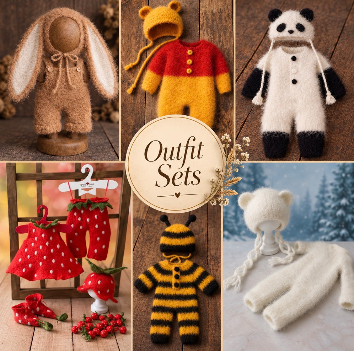 Handmade newborn and sitter photography outfit sets with rompers, bonnets, animal designs and coordinated accessories