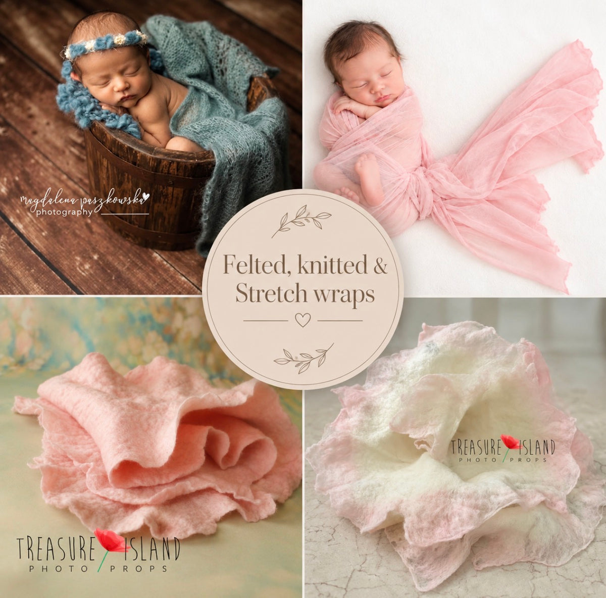 Collage of newborn photography wraps showing babies in blue knitted and pink stretch wraps, alongside delicate pink and ivory hand-felted wool wraps.