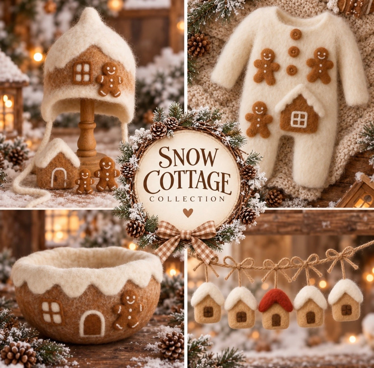 Snow Cottage winter photography props with bowl, knitted romper, felted bonnet, cottage garland and miniature house