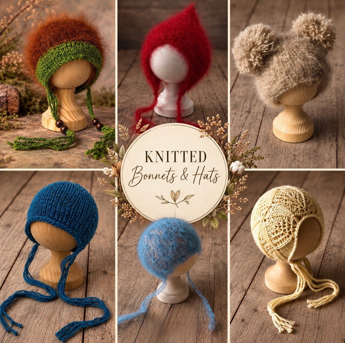 Collage of handmade knitted bonnets and hats in classic, textured, pixie and animal-inspired designs for newborn and sitter photography