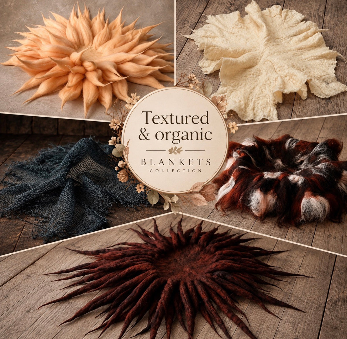 Textured and organic photography blankets featuring handmade felted wool layers, sculptural shapes and natural textures by Treasure Island Photo Props