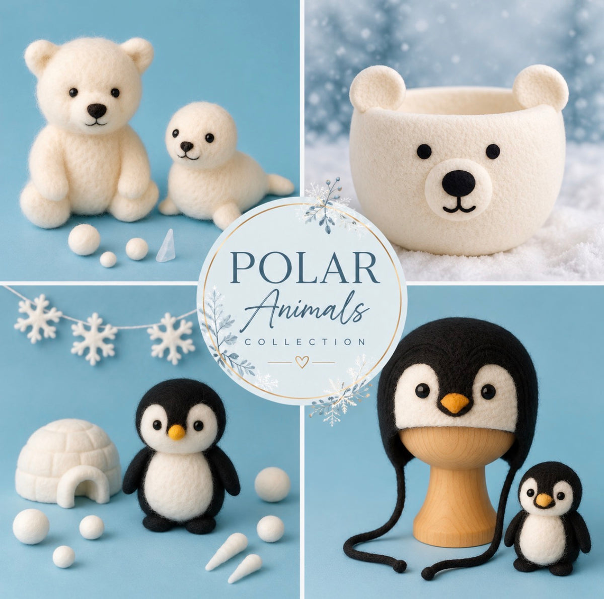 Handmade polar animal photography props with polar bear, seal and penguin designs for newborn, sitter and Fine Art photography