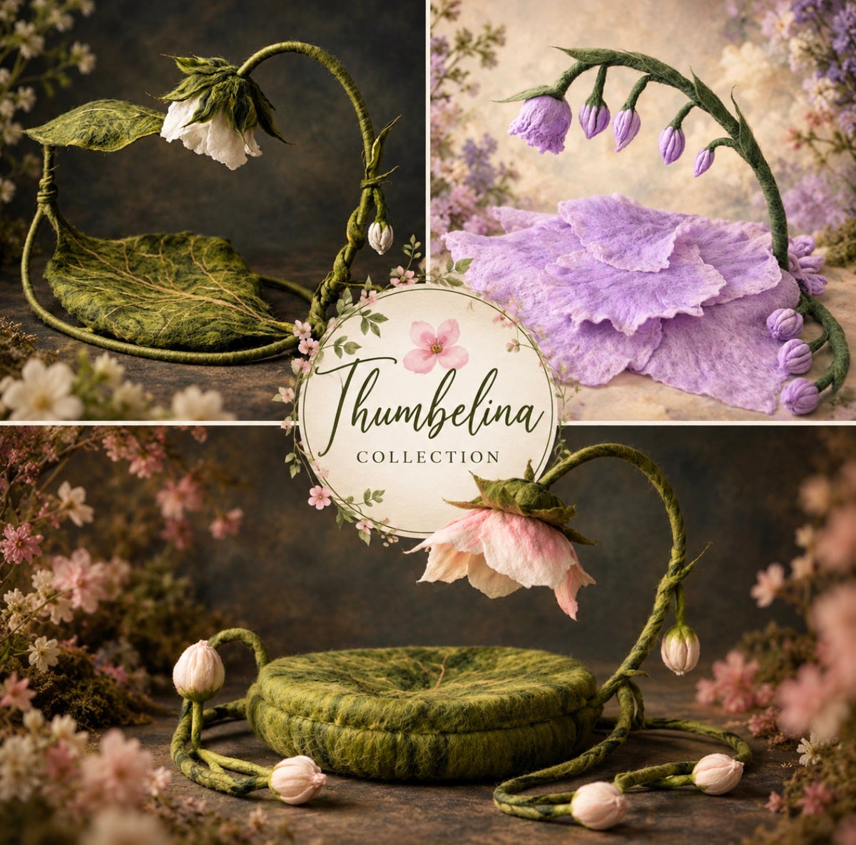 Thumbelina felted flower photography props with sculptural floral nests and botanical details for newborn Fine Art sessions
