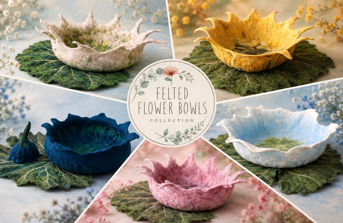 Handmade felted flower bowls in botanical designs for newborn and Fine Art photography sessions
