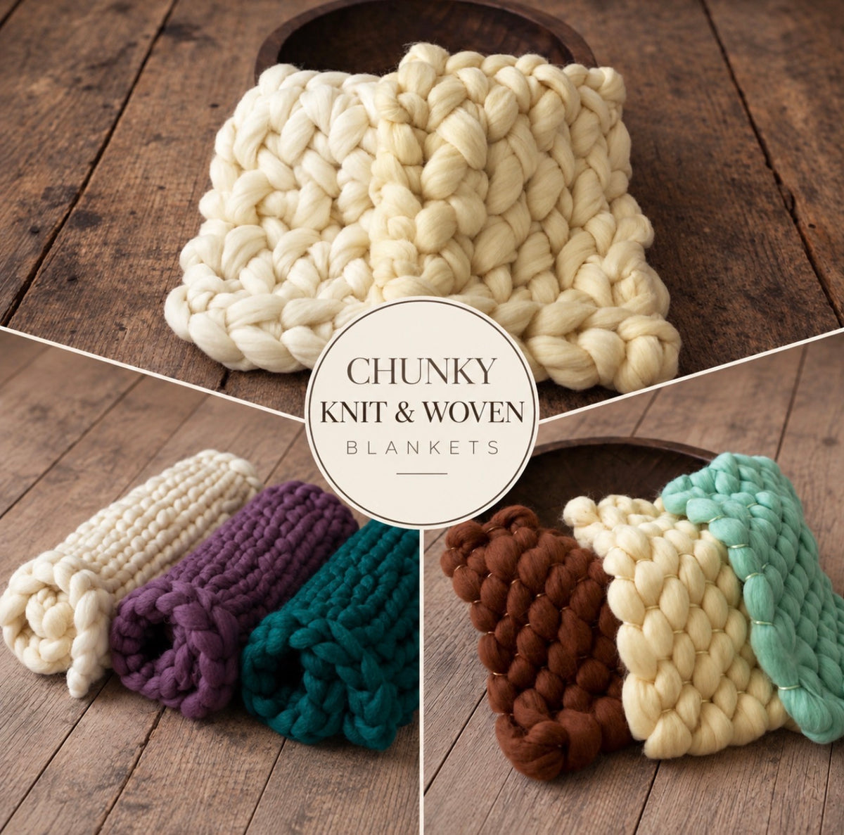 Collage of handmade chunky knit and woven wool photography blankets in cream, purple, teal, brown and mint by Treasure Island Photo Props.