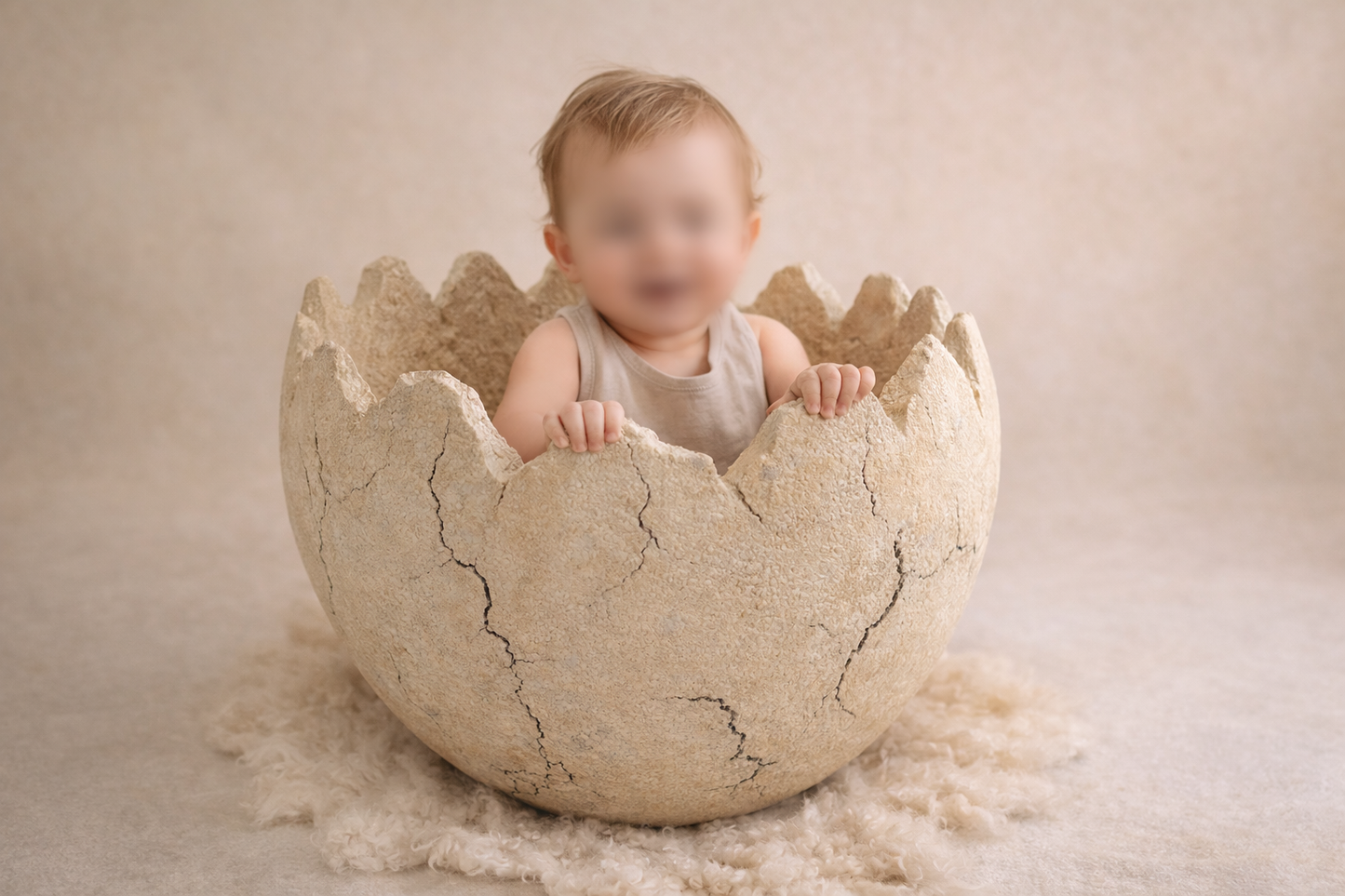 Luxury styrofoam dinosaur egg shell prop with realistic cracked texture – DINO Collection newborn and sitter photo bowl