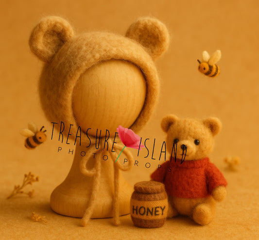 Felted Bear Bonnet Set – Honey Bear Edition