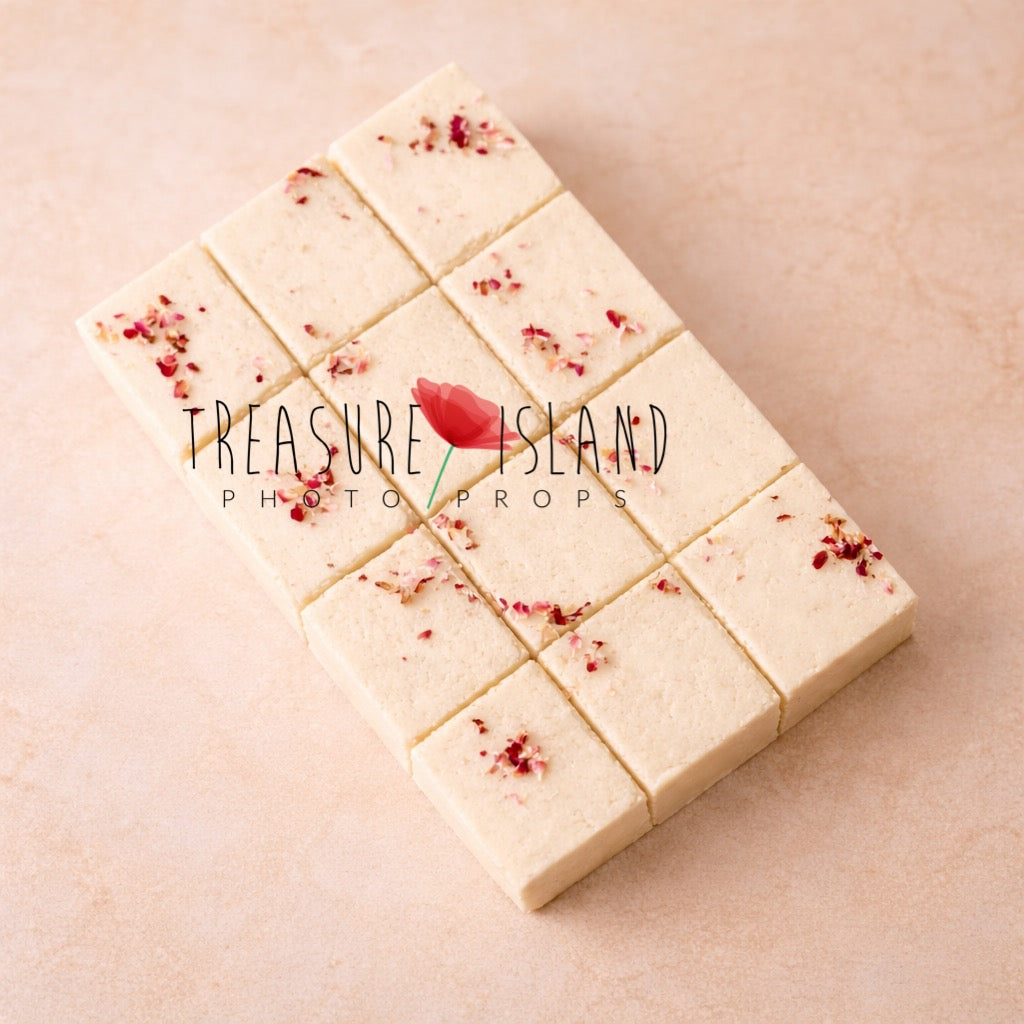 Cream vanilla square cake prop for Cake Smash photography, realistic fake brownie style design on soft pastel background.