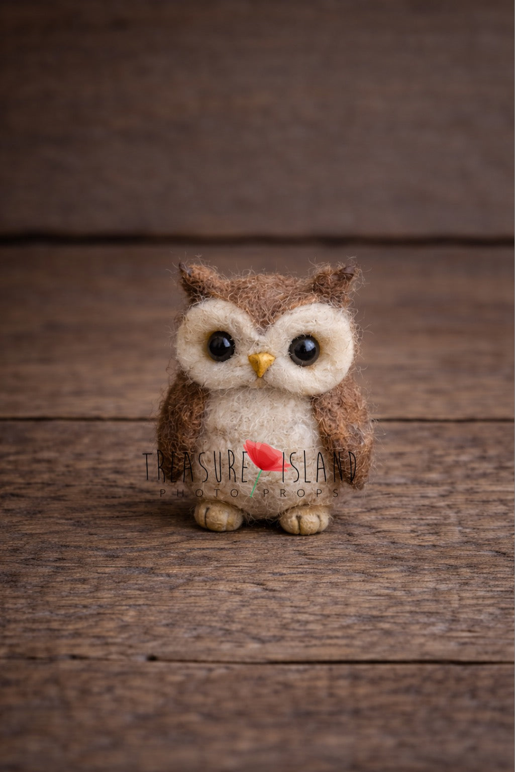 Small hand-felted brown owl photography prop made from natural wool, woodland newborn accessory