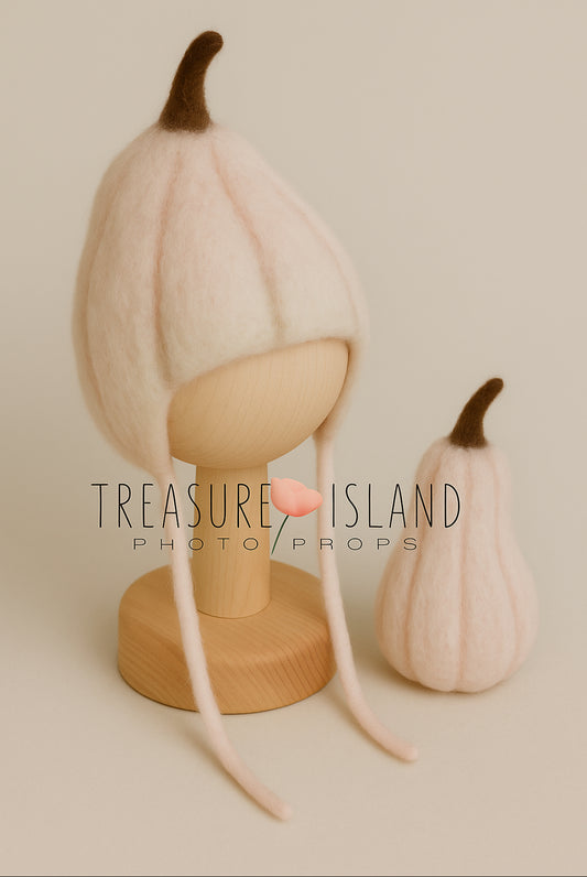 Felted Long Pumpkin Hat & Toy – Powder Pink with Chocolate Stem