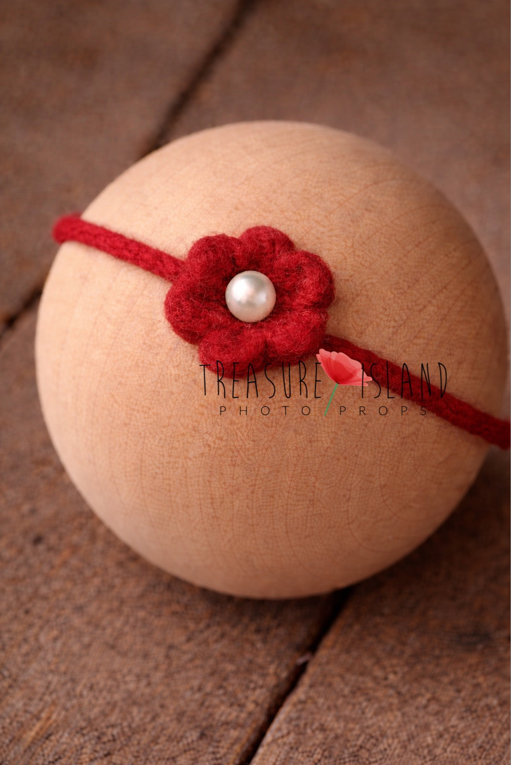 Hand-felted red flower headband with pearl detail, wool newborn photography prop