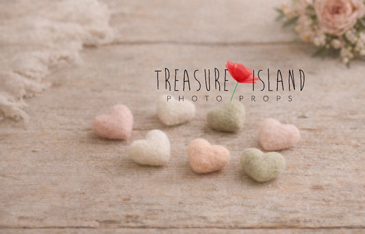Handmade felt mini hearts in sage, pastel pink, peach, cream palette, baby photography styling prop for newborn and sitter
