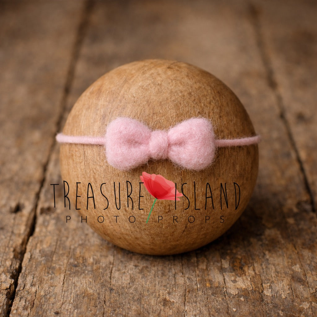 Hand-felted blush pink bow headband on wool string, newborn photography prop