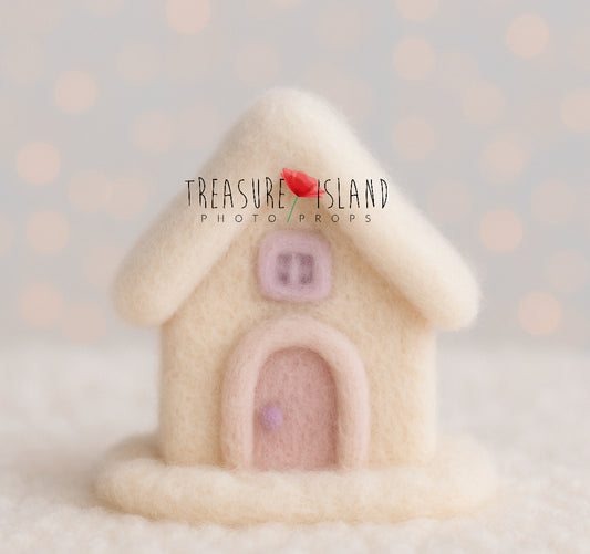 Felted Candy Snowy Cottage – pastel winter decor prop