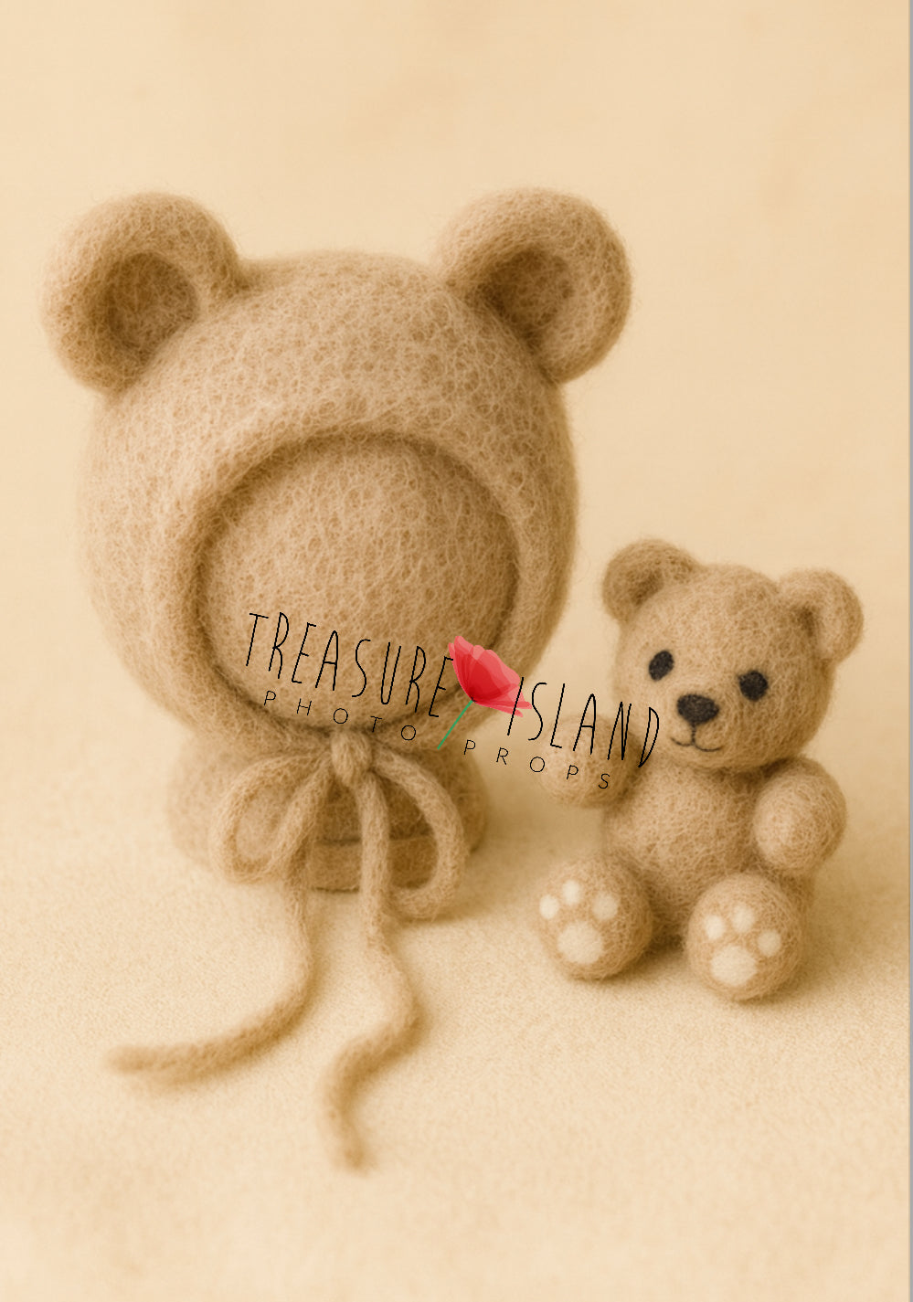 Felted Teddy Bear Bonnet Set – handmade newborn & sitter prop