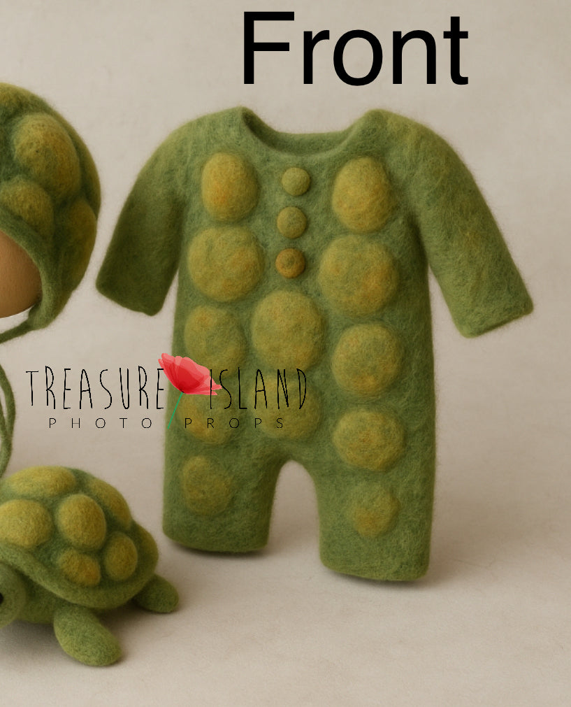Luxury Turtle Set – Knitted Romper, Felted Bonnet, Toy & Styrofoam Bowl