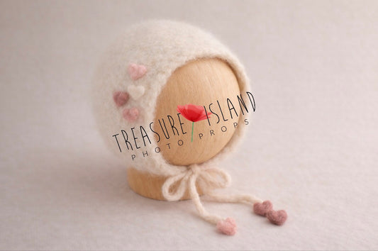Romantic Valentine Felted Bonnet – Ivory Edition - Handmade Newborn Photography Prop
