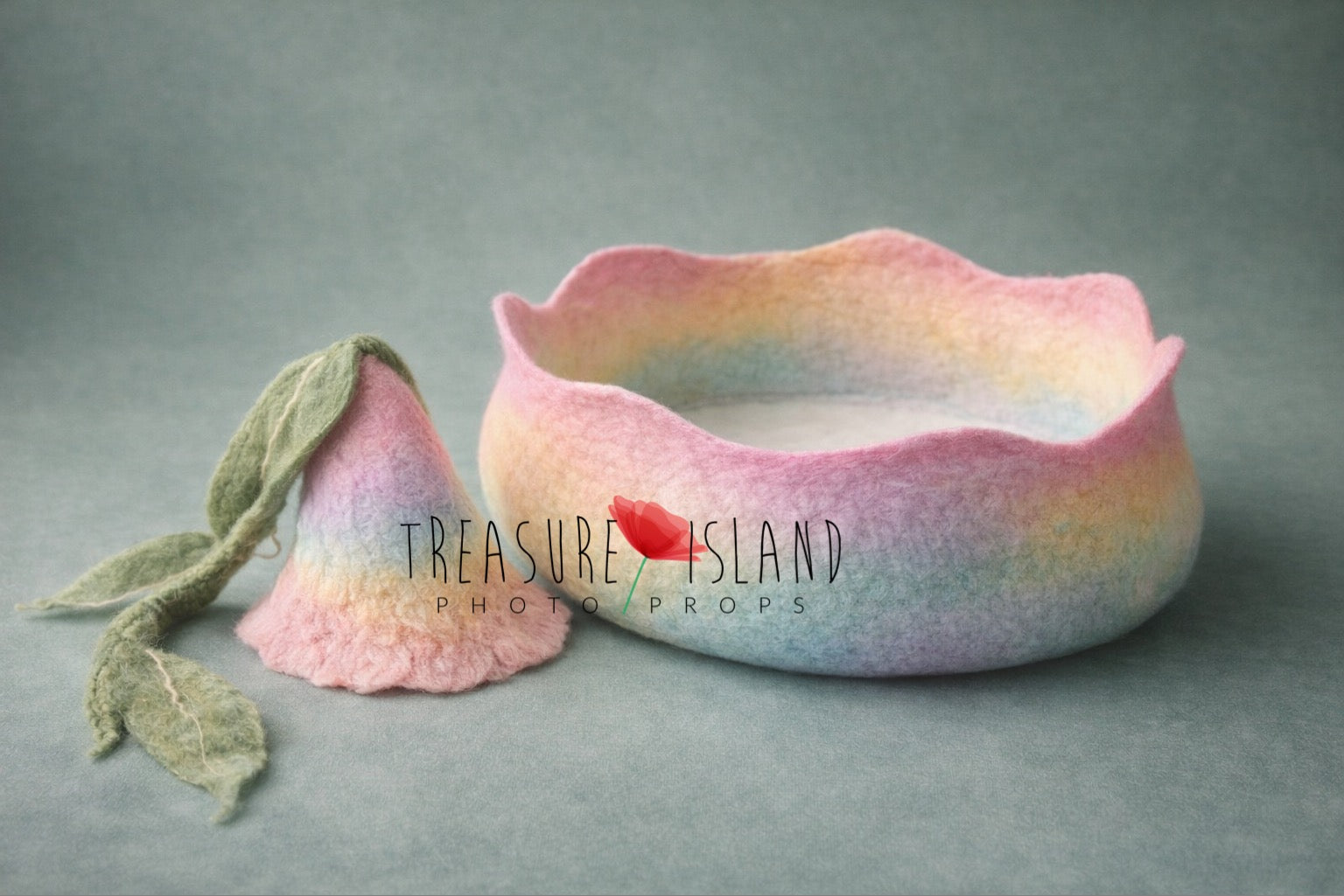 Hand-felted pastel rainbow newborn cocoon and bonnet set in watercolor tones, fine art baby photography prop
