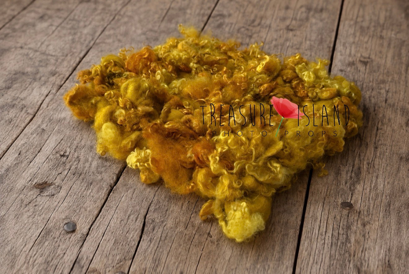 Mustard Curly Woven Wool Blanket with Sheep Locks for Newborn Photography.