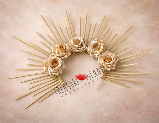 Golden sunburst newborn photography headpiece with champagne roses on soft peach fine art textured background
