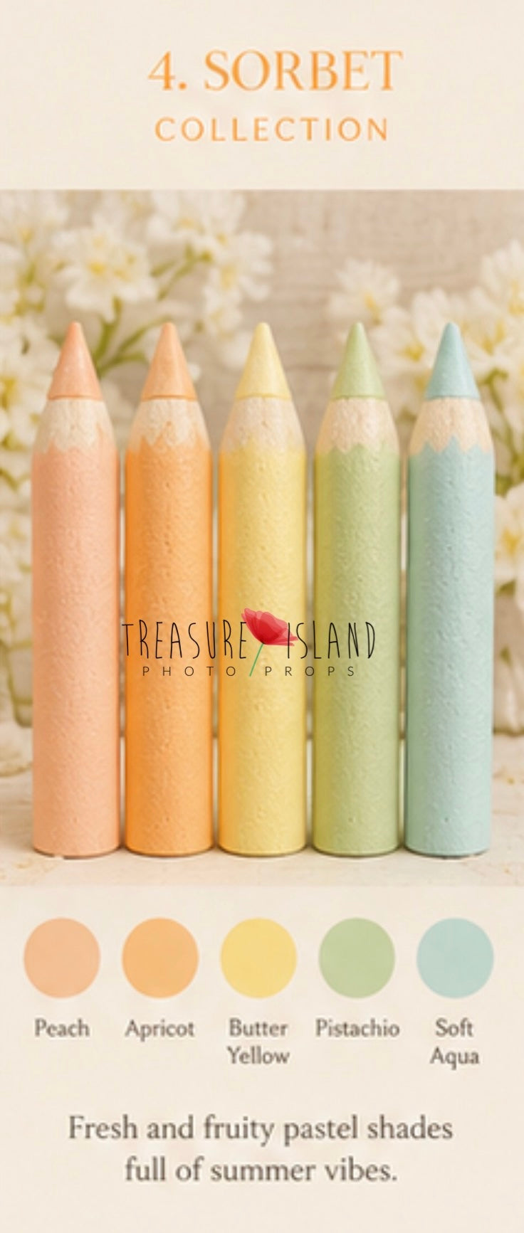 Chart of Sorbet Collection handmade styrofoam giant colored pencils in Peach, Apricot, Butter Yellow, Pistachio, Soft Aqua. Back to School photo props for newborn, sitter and cake smash photography. Back to School photography props for newborn, sitter and cake smash sessions.