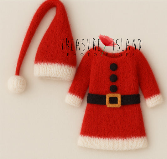 🎀 Knitted Santa Set – Girl Version (Bonnet + Dress)