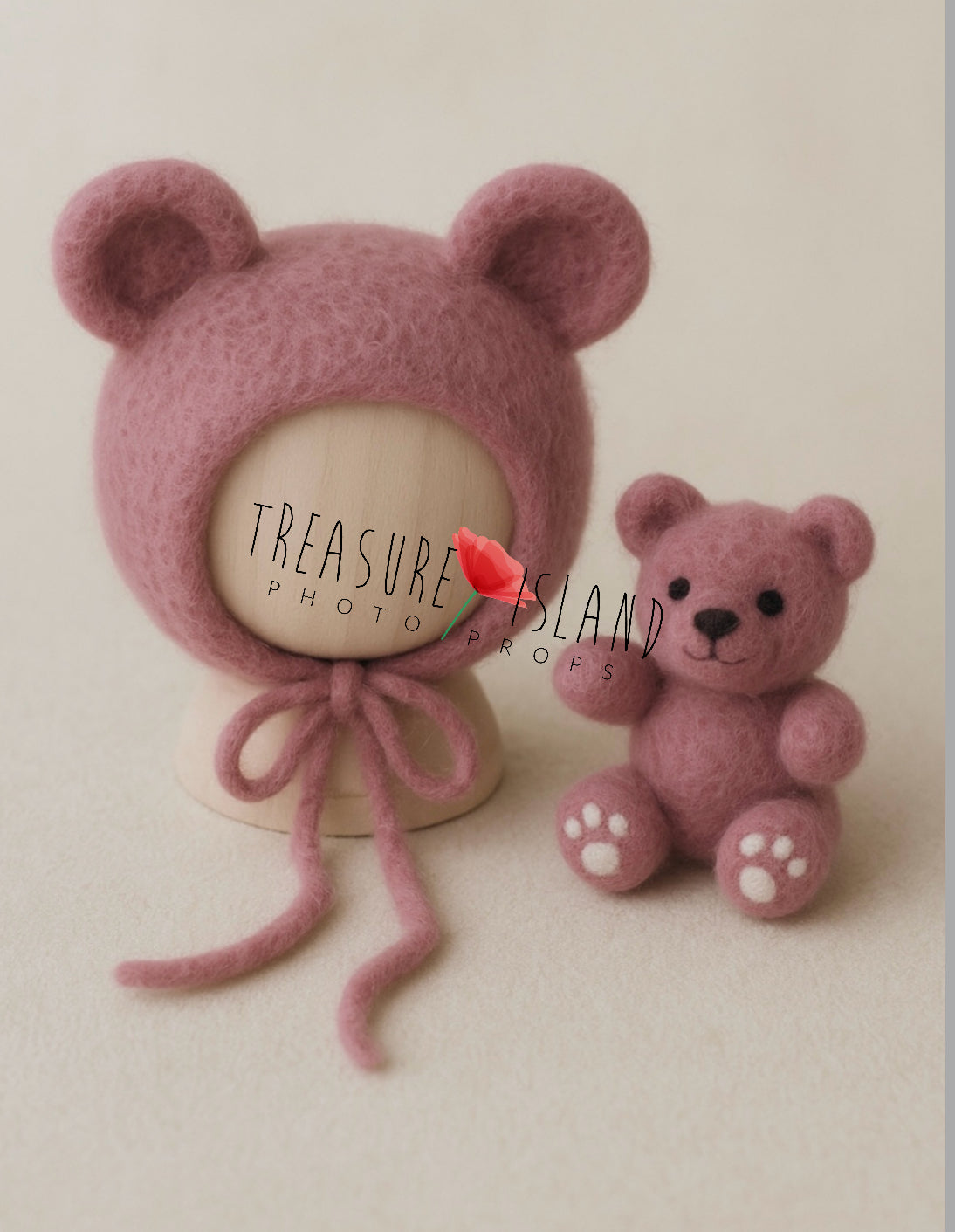 Felted Teddy Bear Bonnet Set – handmade newborn & sitter prop