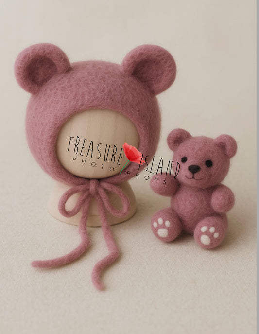 Hand-felted dusty rose  bear set with bonnet and miniature teddy, newborn and sitter photography prop
