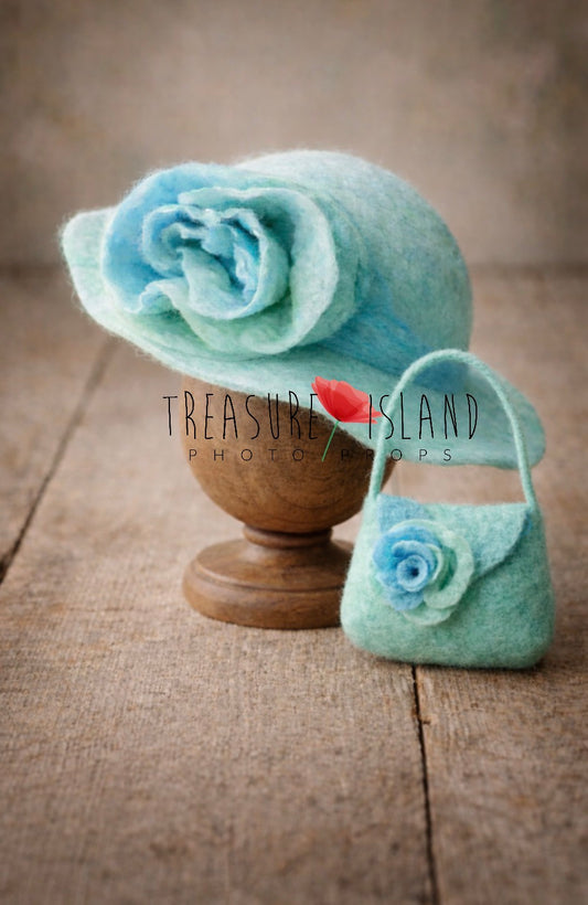 Blue Lagoon Bloom Felt Hat & Bag Set – Handmade Newborn Photography Prop