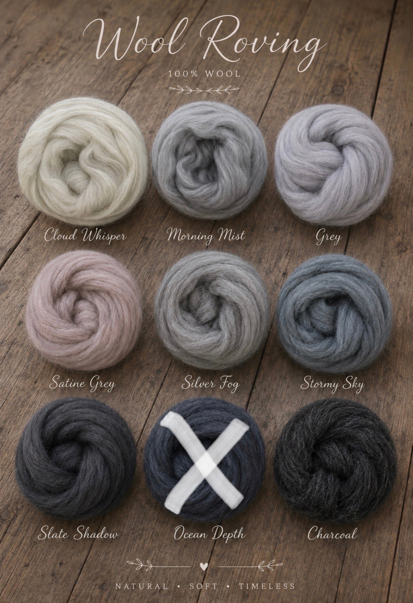 Nine skeins of wool roving for Fluffy Marshmallow Blankets in different colors are arranged in a grid on a rustic wooden background, with names written below each bundle. The top text reads 'Wool Roving' and '100% WOOL'.