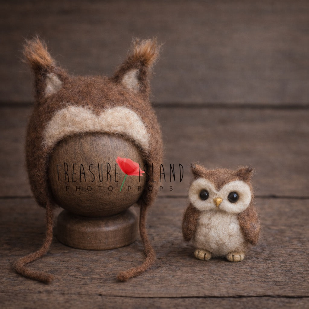 Hand-felted brown owl newborn photography set with owl bonnet and small felt owl companion in natural woodland style