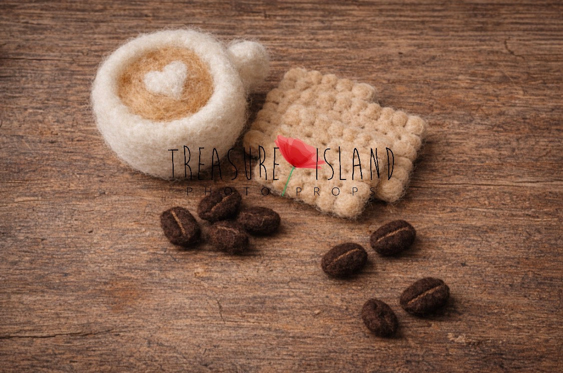Hand-felted cappuccino cup with coffee beans and petit beurre cookies, newborn photography prop set, handmade wool miniature for baby photo session