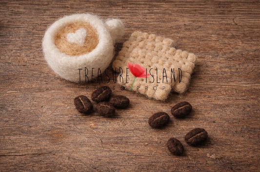 Hand-felted cappuccino cup with coffee beans and petit beurre cookies, newborn photography prop set, handmade wool miniature for baby photo session