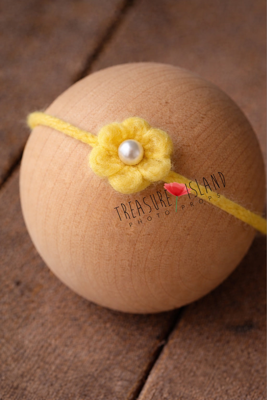 Hand-felted yellow flower headband with pearl detail, wool newborn photography prop