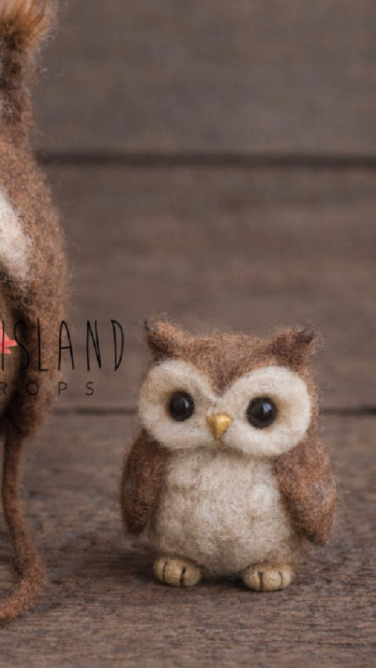 Small hand-felted brown owl photography prop made from natural wool, woodland newborn accessory