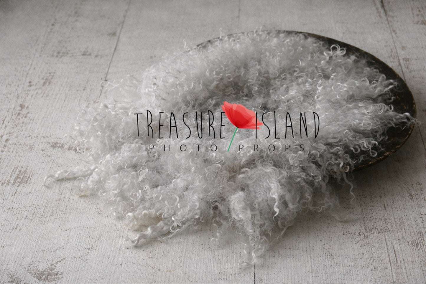 Hand-dyed curly wool flokati layer in light grey  on whitewashed distressed wooden floor – newborn photography prop by Treasure Island Photo Props