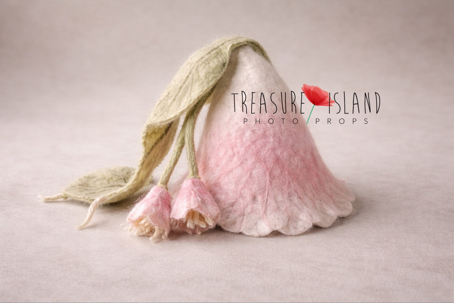 Hand-felted blush pink and cream newborn flower bonnet with hanging bell blossoms, fine art baby photography prop