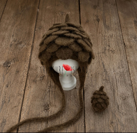 Pine Cone Bonnet &amp; Felted Pine Cones Set&nbsp; Handmade Woodland Photography Props