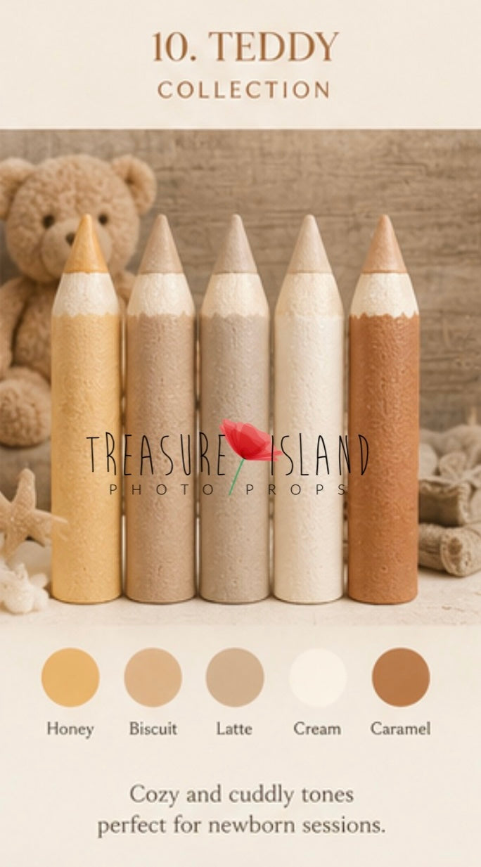 Chart of Teddy Garden Collection handmade styrofoam giant colored pencils in Honey, Biscuit, Latte, Cream, Caramel. Back to School photo props for newborn, sitter and cake smash photography. Back to School photography props for newborn, sitter and cake smash sessions.