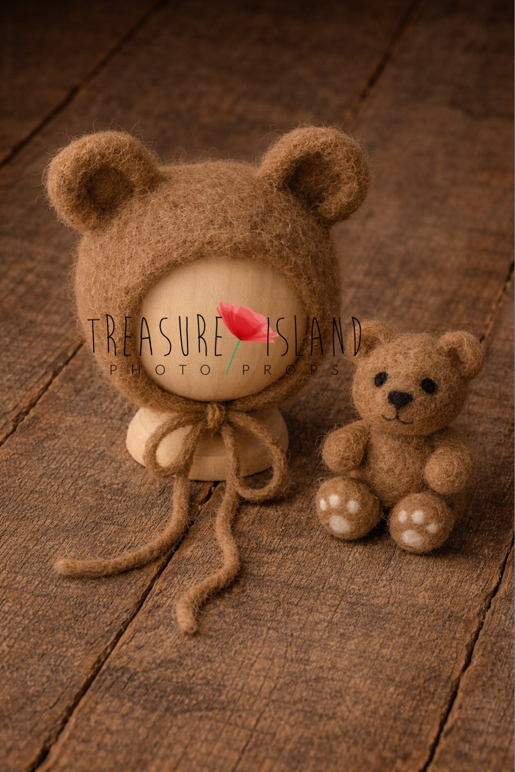 Hand-felted nut  bear set with bonnet and miniature teddy, newborn and sitter photography prop
