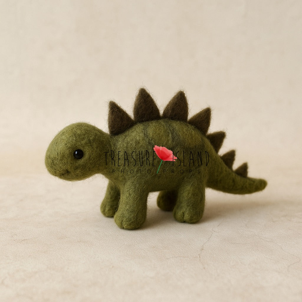 Luxury handmade needle felted green stegosaurus, artisanal soft wool dinosaur prop from exclusive DINO collection, premium newborn photography accessory.