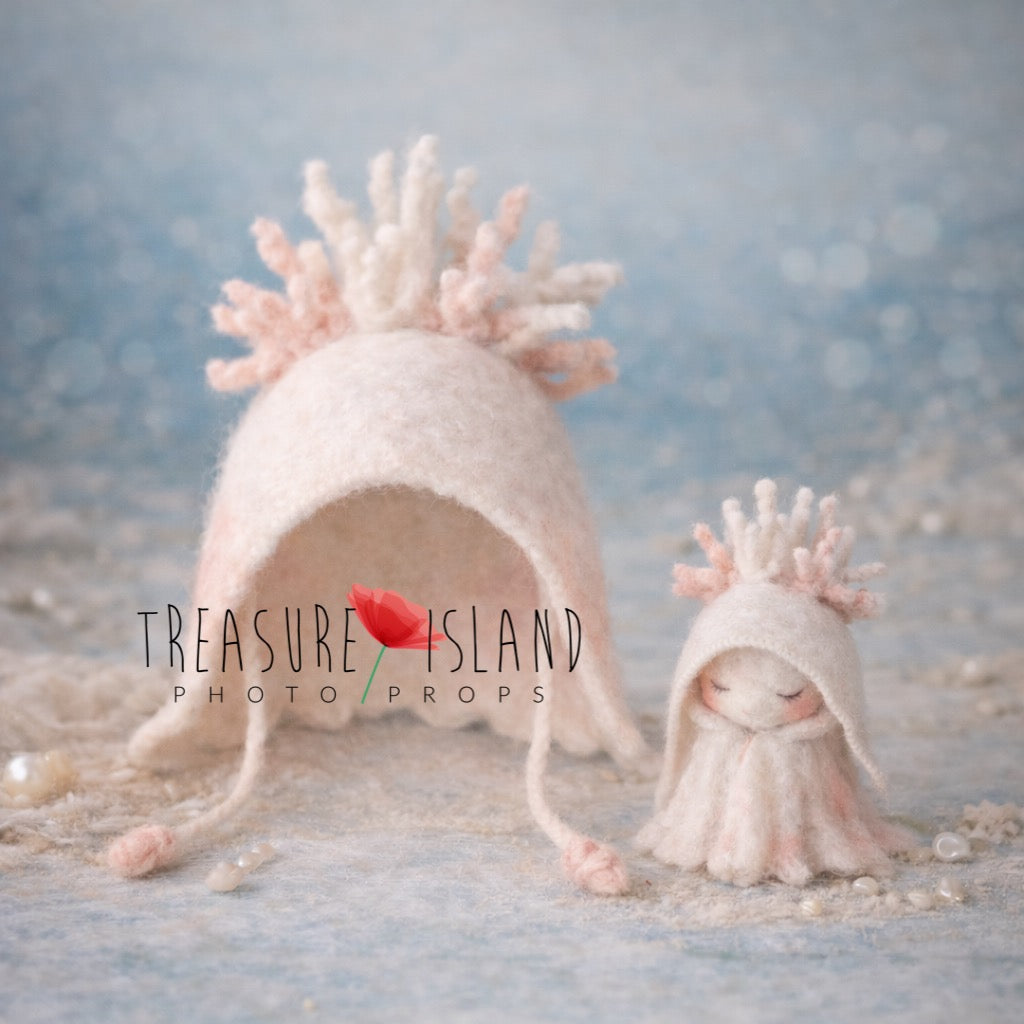Hand felted newborn bonnet with coral inspired detail and matching miniature ghost, soft ivory and blush pink fine art newborn photography prop