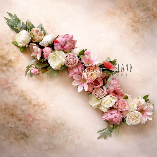Handcrafted floral crescent garland in blush pink, ivory and dusty rose tones with greenery – fine art photo prop for newborn, sitter and maternity photography