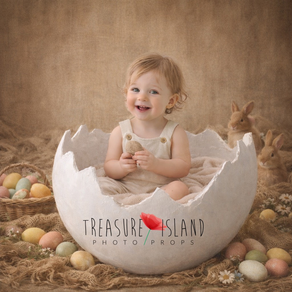 Handmade newborn photography prop – baby sitting in large cracked plaster egg, Easter baby photoshoot styling set by Treasure Island Photo Props